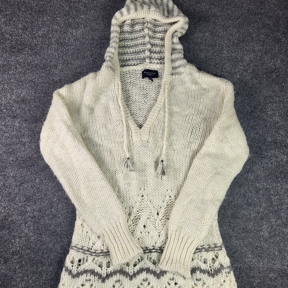American Eagle Outfitters Cream Grey Knit Hooded Sweater Women Medium Boho Wool
